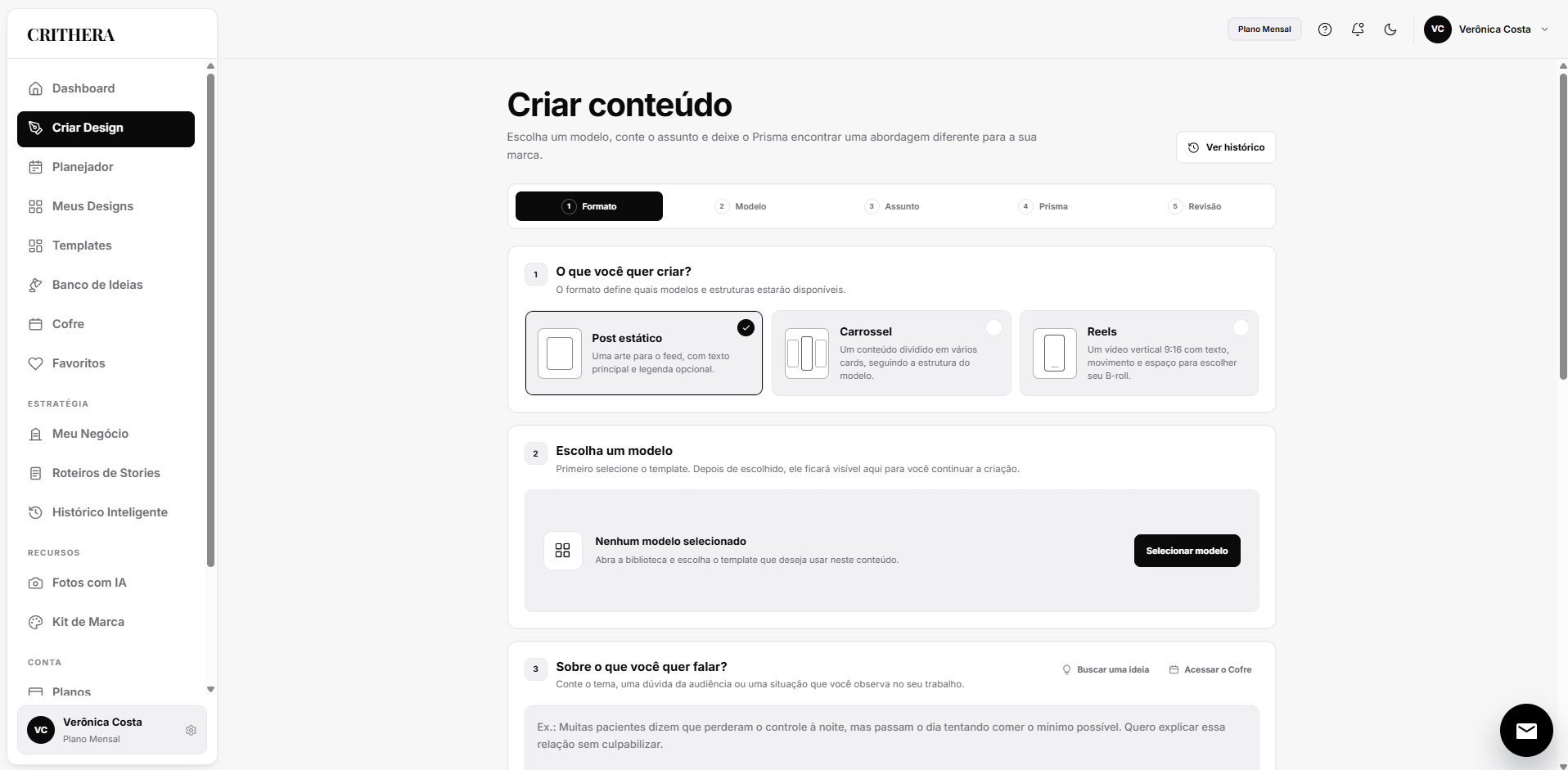 Tela Criar Design do CRITHERA